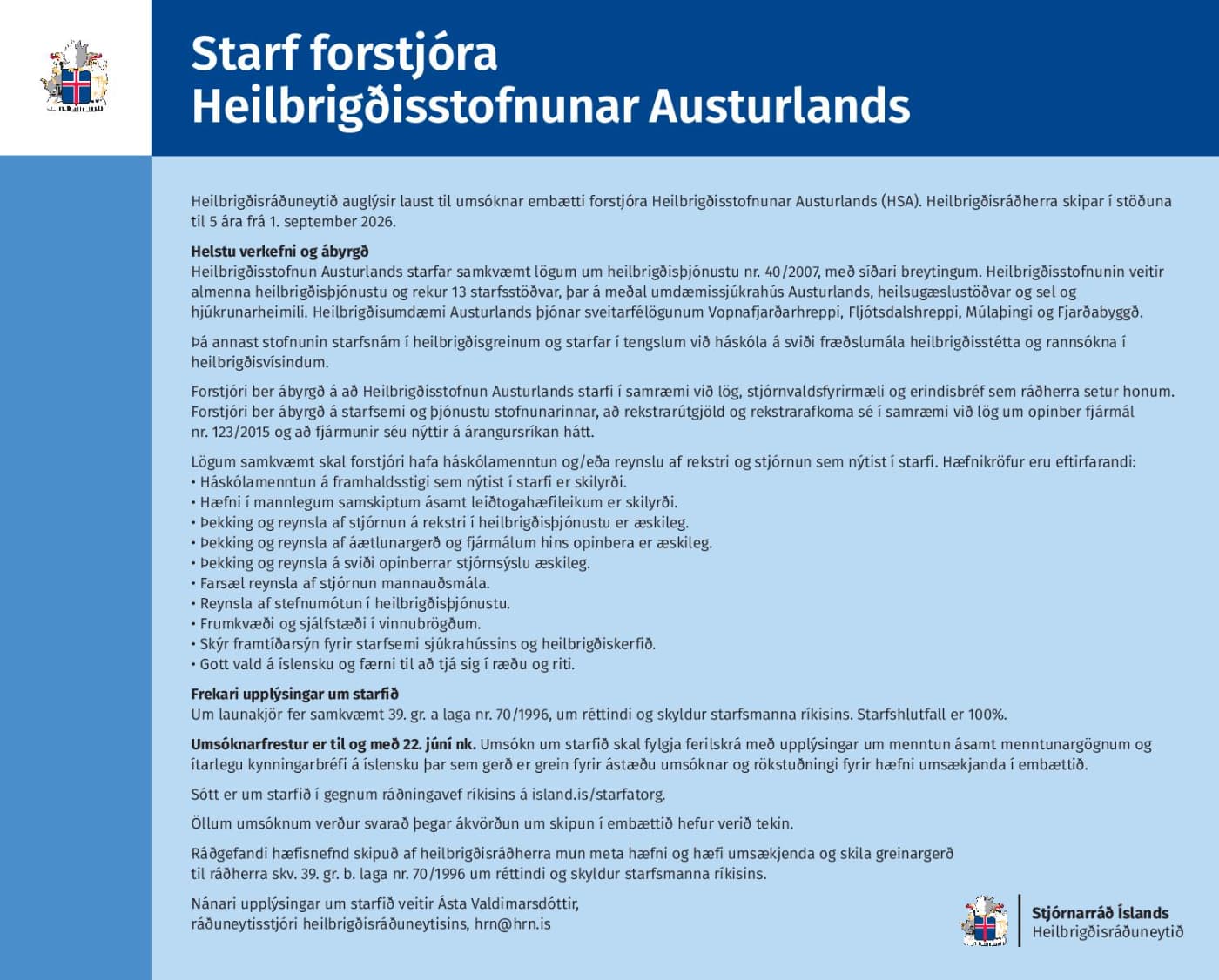 Forstjóri Heilbrigðisstofnunar Austurlands