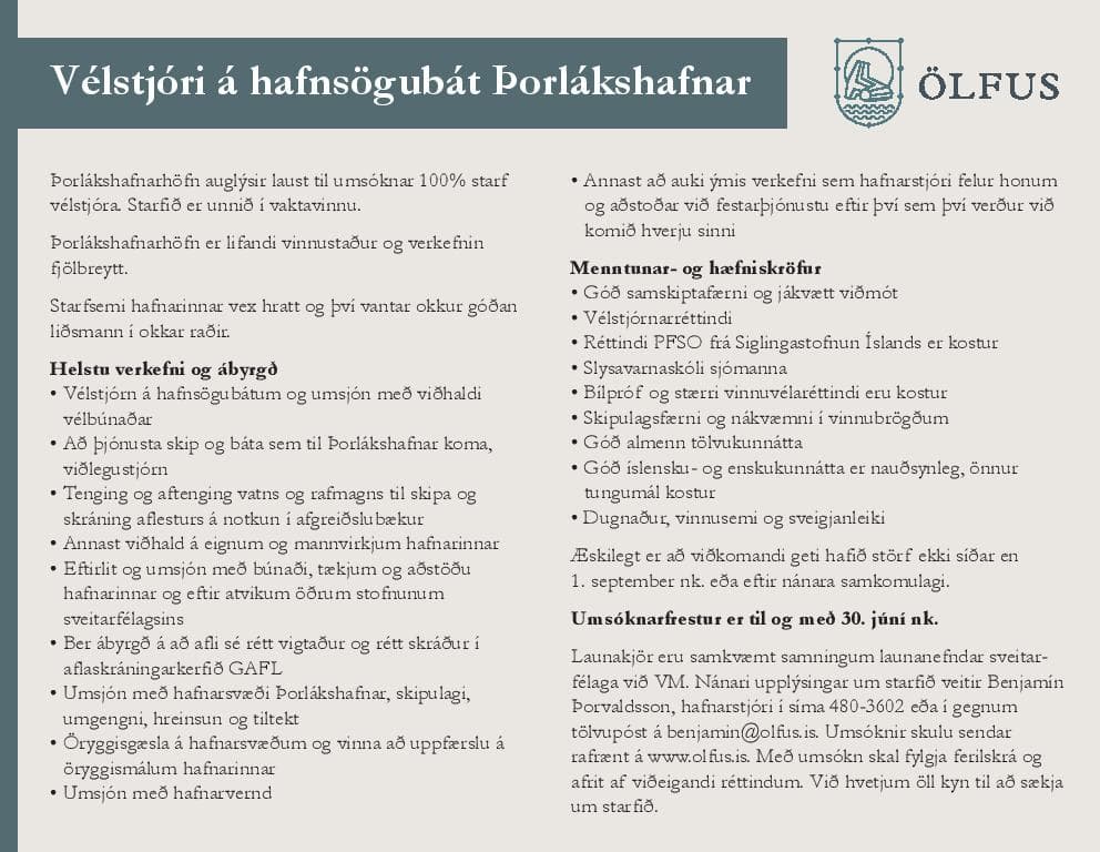 Vélstjóri á hafnsögubát Þorlákshafnar