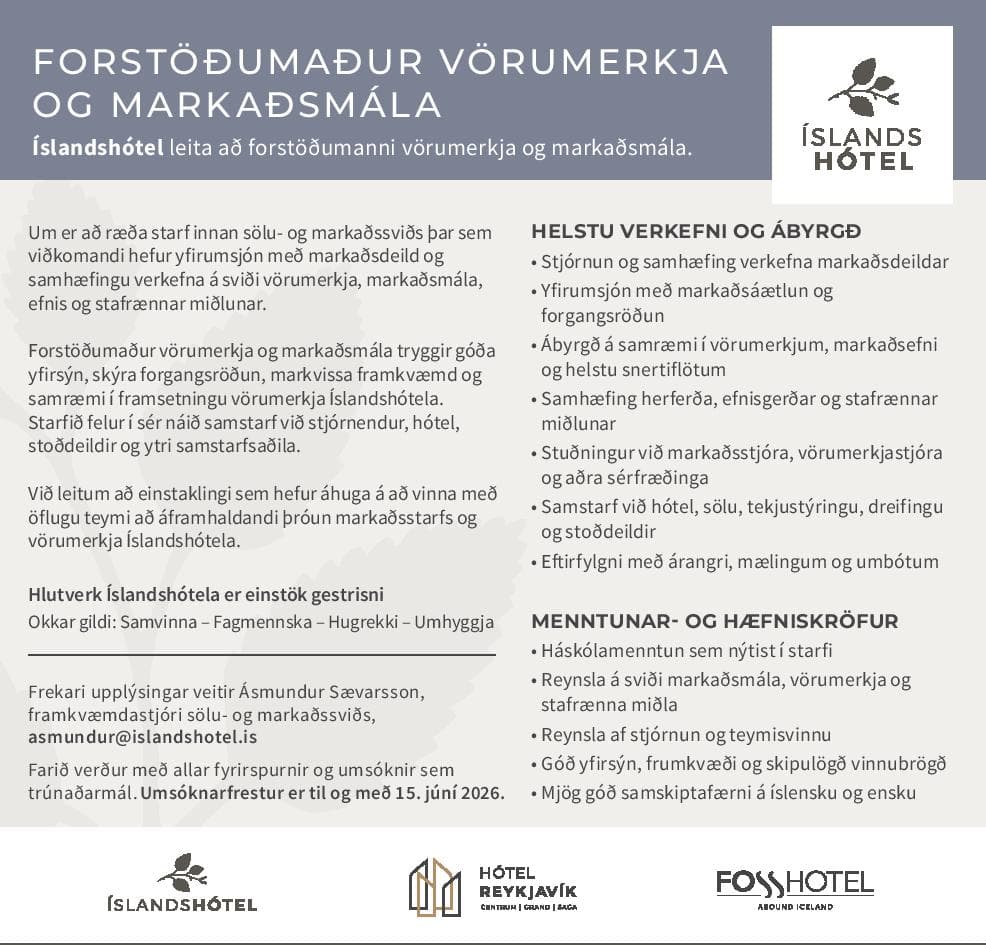 FORSTÖÐUMAÐUR VÖRUMERKJA OG MARKAÐSMÁLA